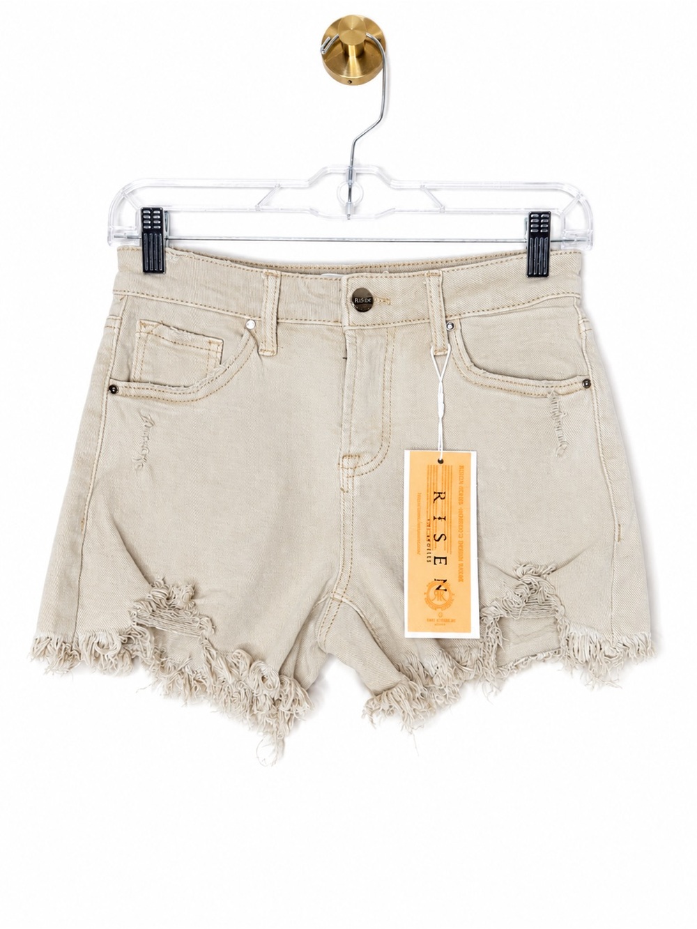 Risen Mid-Rise Denim Shorts Tan Beige Women's Small Frayed Hem NWT
